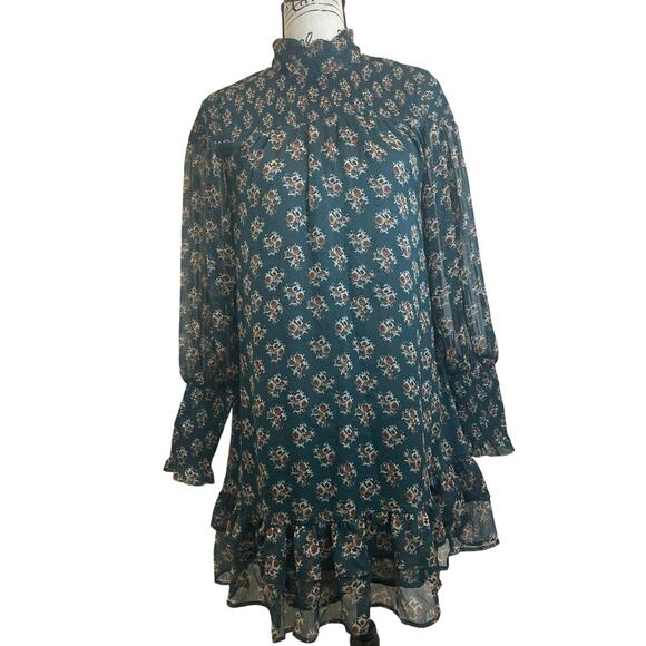 WALTER BAKER MINI DRESS MESSY MOCK FLORAL GREEN RUCHED CUFFS SZ S RUFFLES PREPPY - Picture 16 of 16